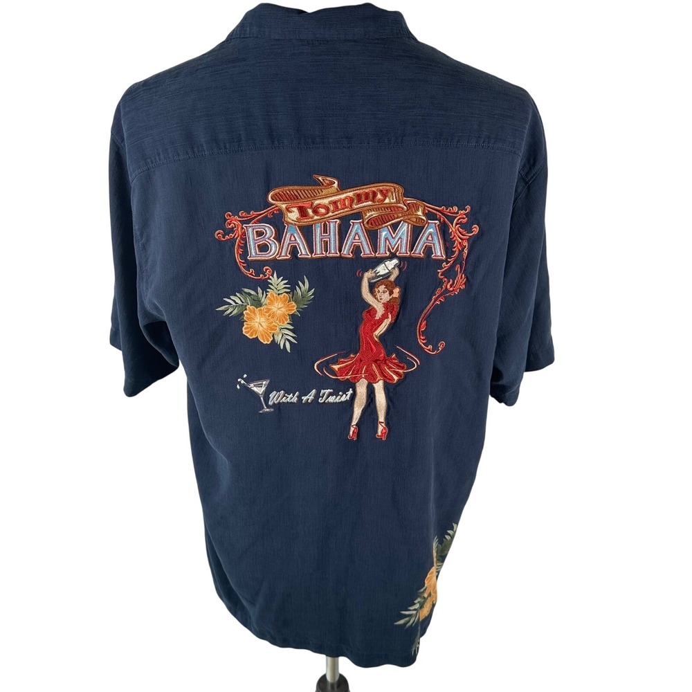 Vtg Tommy Bahama With A Twist Silk Shirt Mens L Navy Embroidered Pinup Girl SS